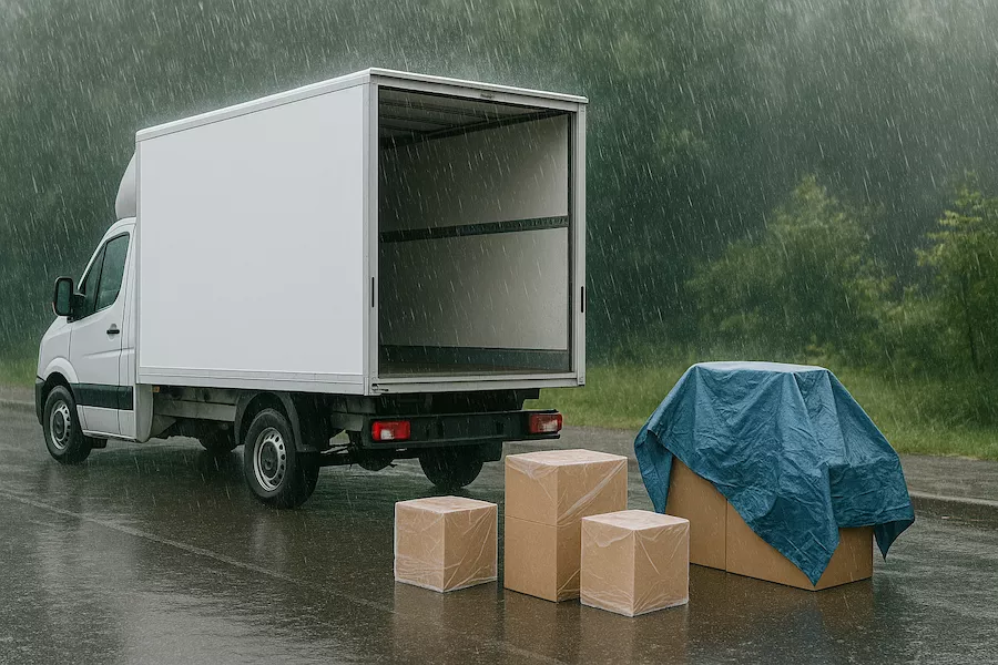 Flyttbil i regn med täckta flyttlådor och presenning över lastning